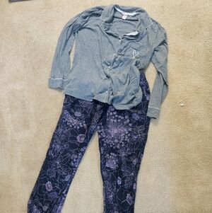Victoria Secret Grey Button-Up Top with Navy Floral Lounge Pants